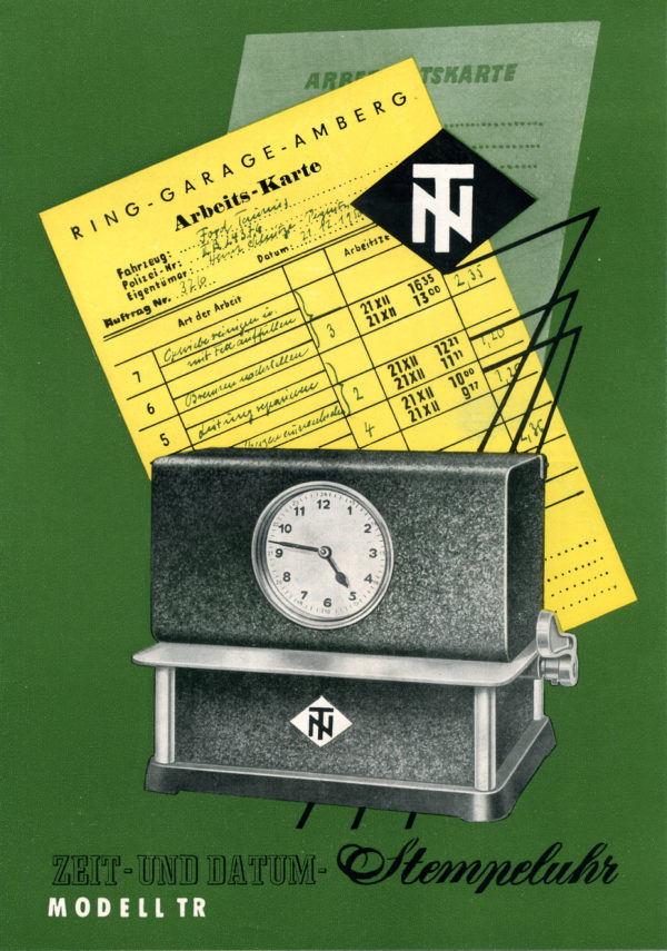 Prospekt der Telenorma Zeit- und Datum-Stempeluhr Modell TR (1953)